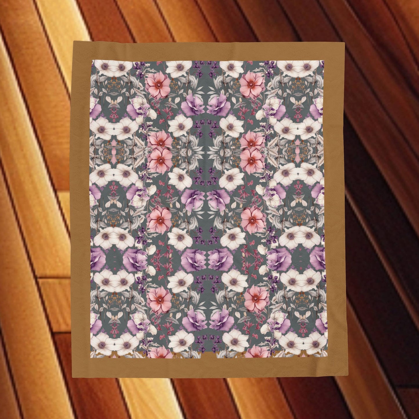 Floral Velveteen Blanket - with a Gray Background and a Gold Border
