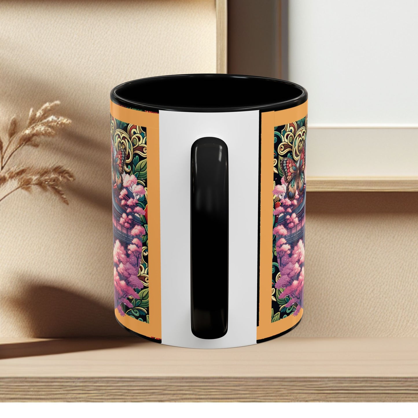 Mug - Sakura Butterfly Coffee Mug with Cherry Blossoms and a Rose