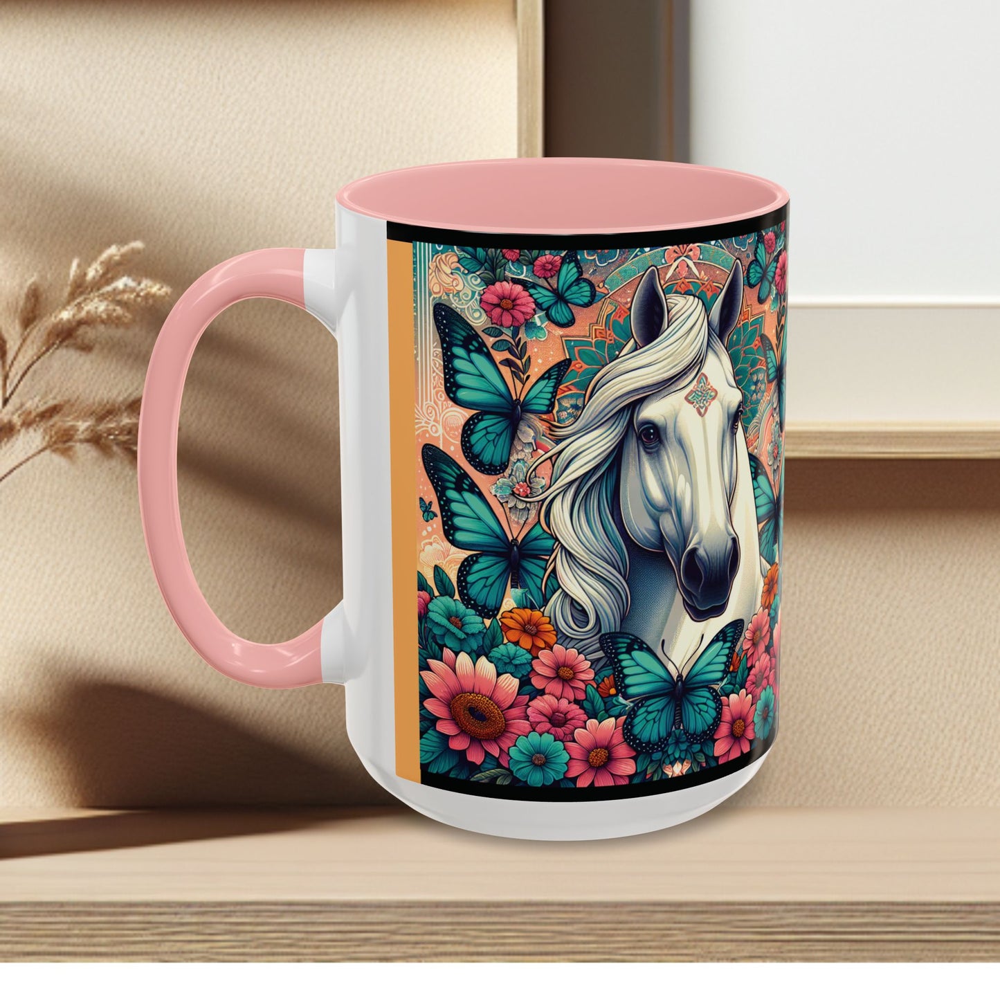 Coffee Mug Horses, Flowers, and Butterflies Mug