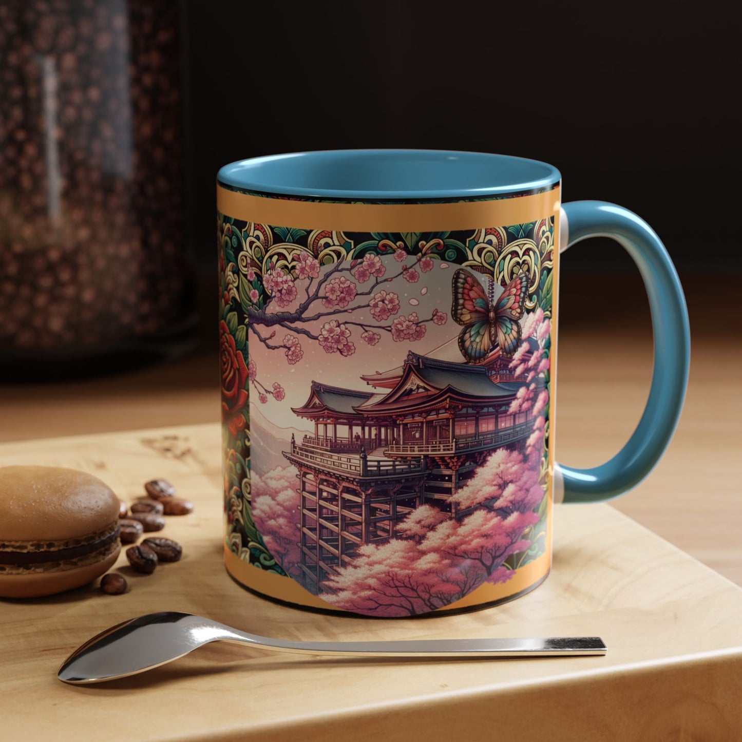 Mug - Sakura Butterfly Coffee Mug with Cherry Blossoms and a Rose