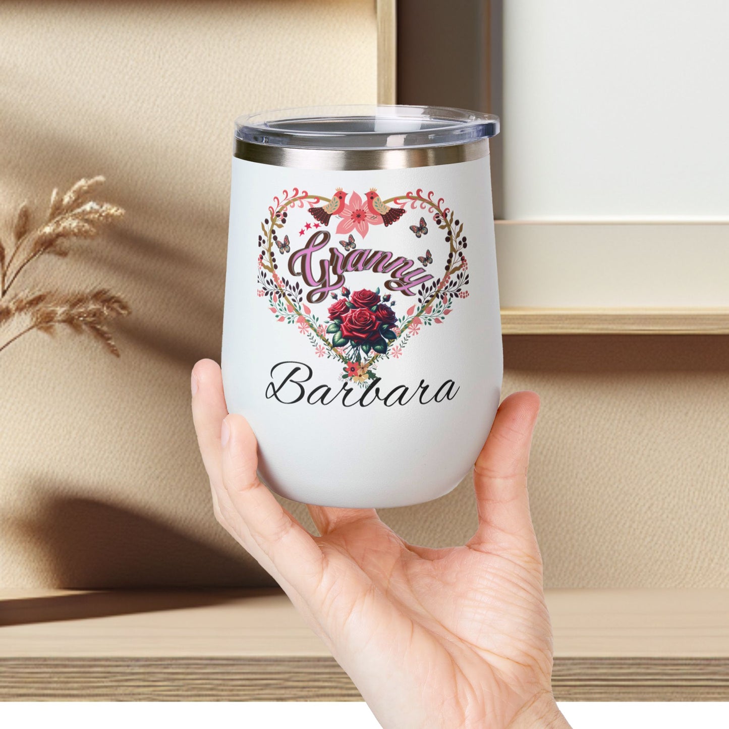 Personalized Grannie’s Wine Tumbler - 12oz Floral Heart Design