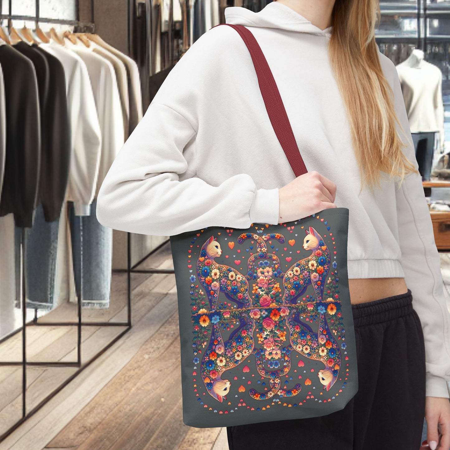 Mosaic Loving Cat Dark Gray Tote Bag (AOP)