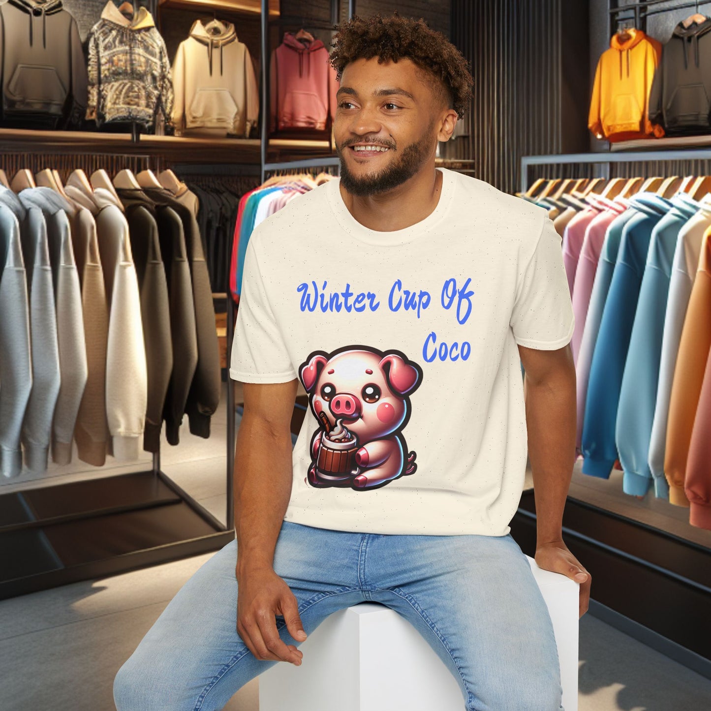 Pig Sipping on a Cup Of Coco Unisex T-Shirt - Winter Coco