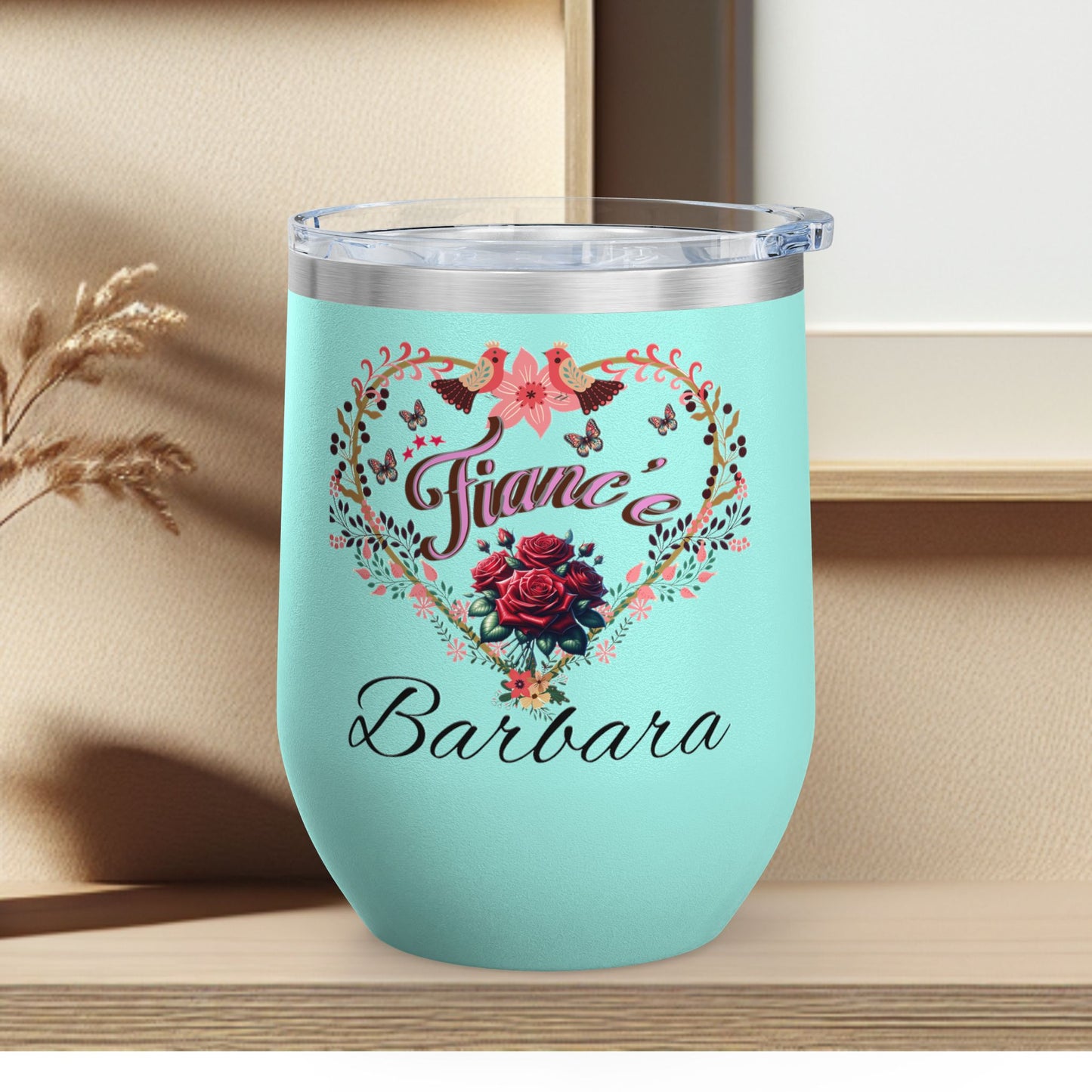 Personalized Fiancé’s Wine Tumbler - 12oz Floral Heart Design