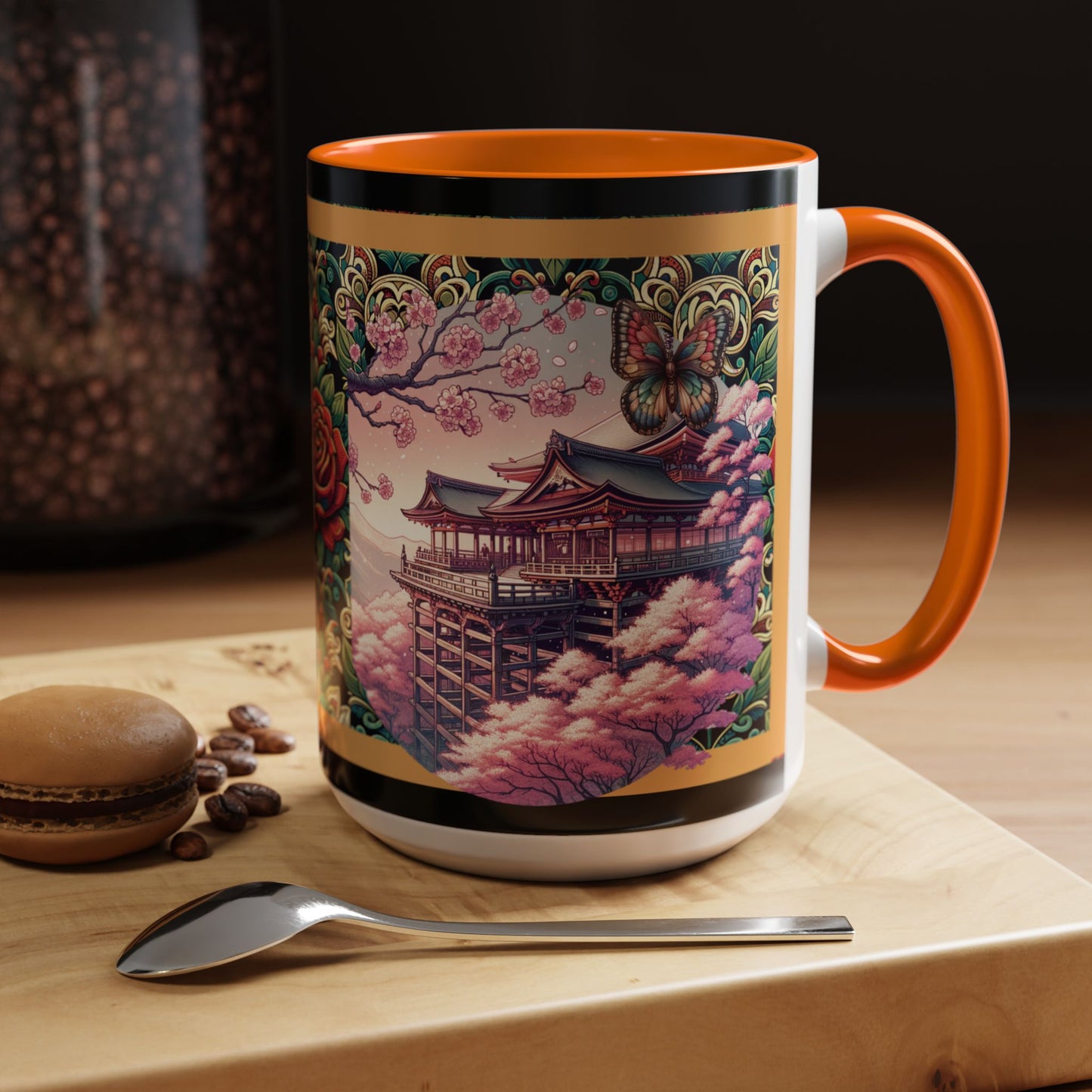 Mug - Sakura Butterfly Coffee Mug with Cherry Blossoms and a Rose
