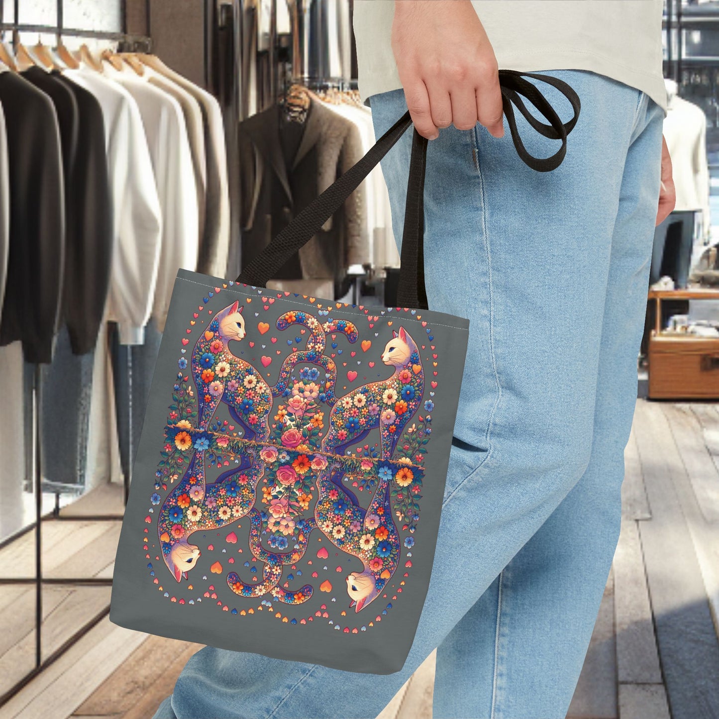 Mosaic Loving Cat Dark Gray Tote Bag (AOP)