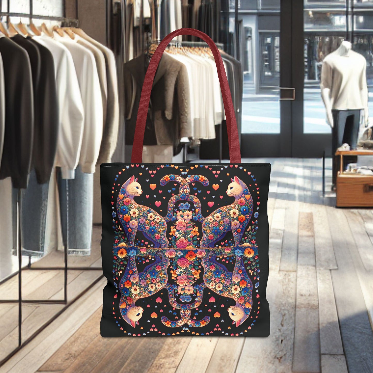 Mosaic Loving Cat Black Tote Bag (AOP)