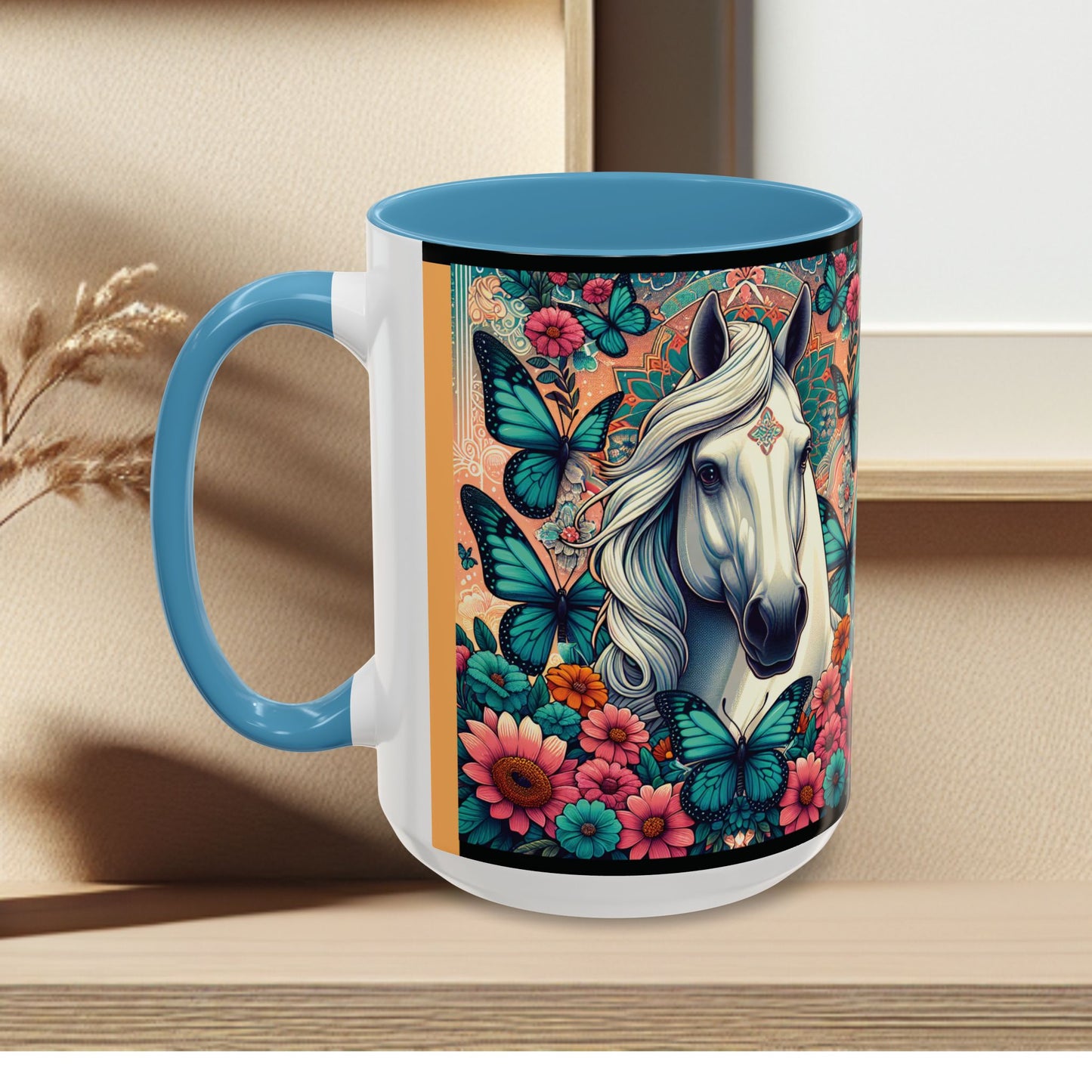 Coffee Mug Horses, Flowers, and Butterflies Mug