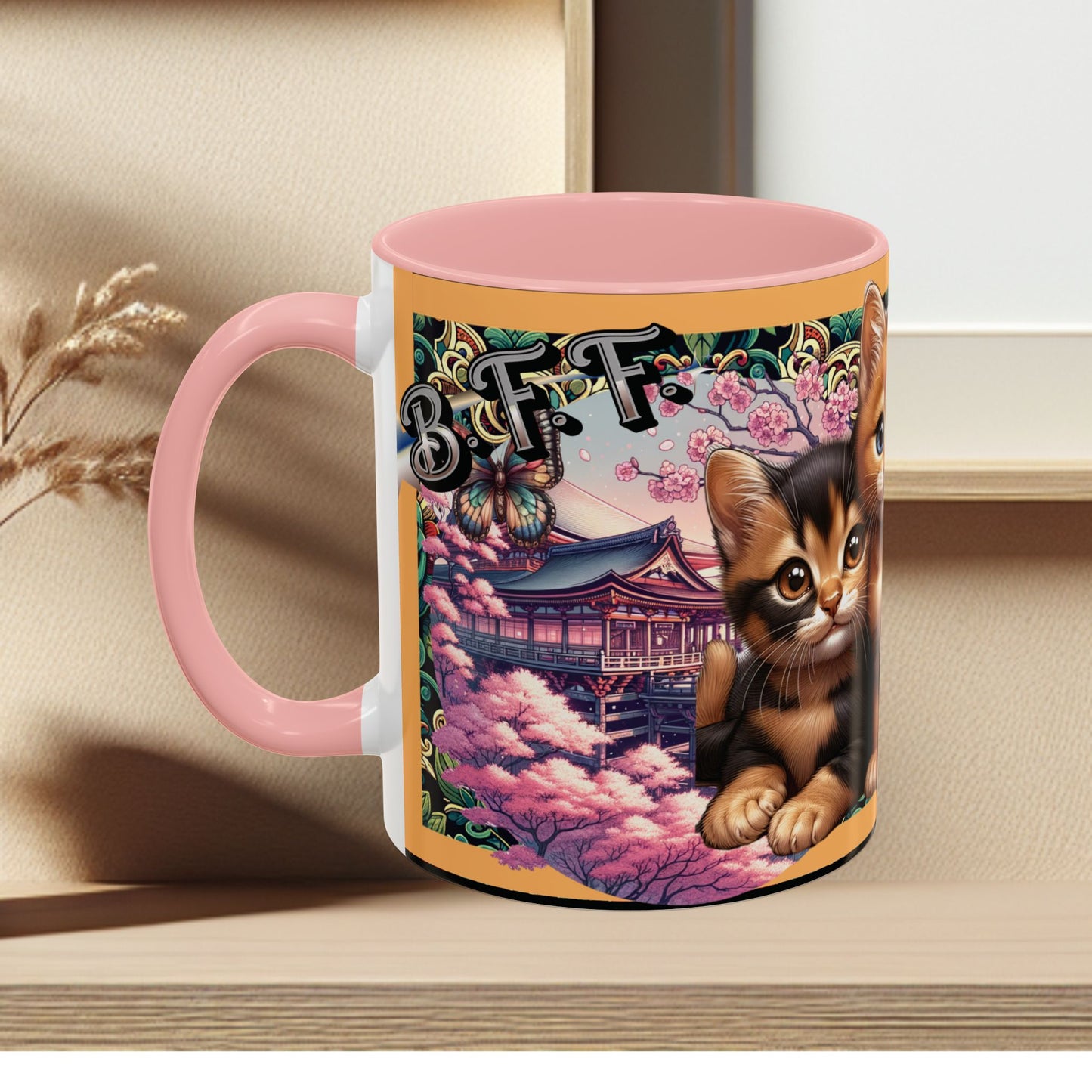 Mug - 3 B F F kittens and Butterflies Coffee Mug with Cherry Blossoms