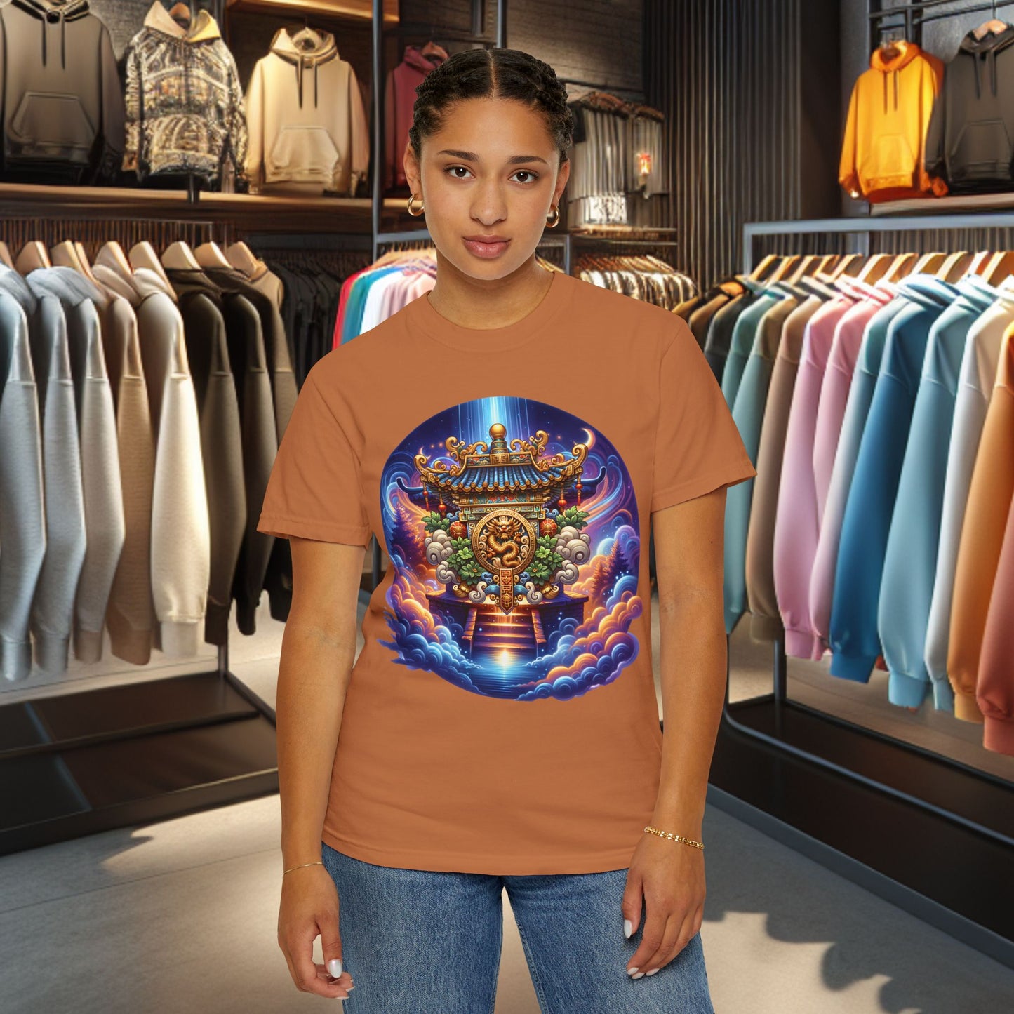 A Vibrant Mistic Temple Design -Unisex Garment-Dyed T-Shirt Perfect for Festivals & Everyday Wear