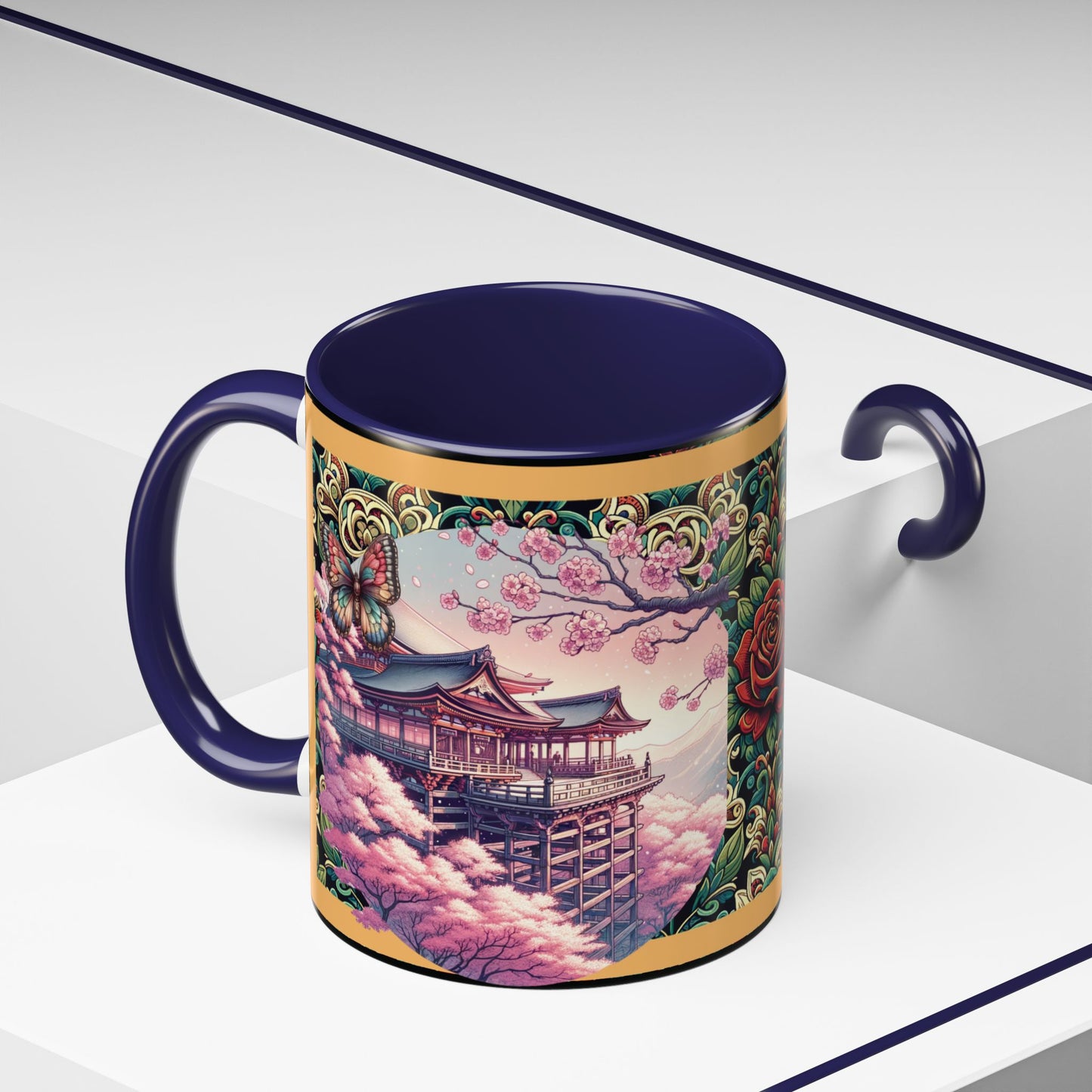 Mug - Sakura Butterfly Coffee Mug with Cherry Blossoms and a Rose