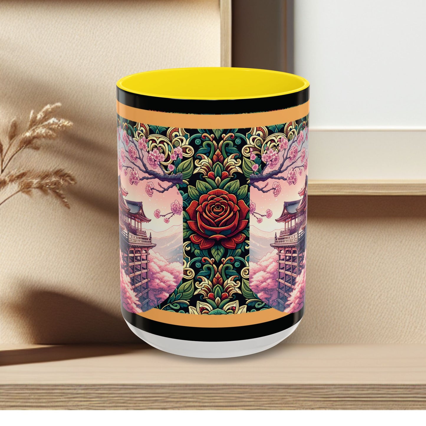Mug - Sakura Butterfly Coffee Mug with Cherry Blossoms and a Rose