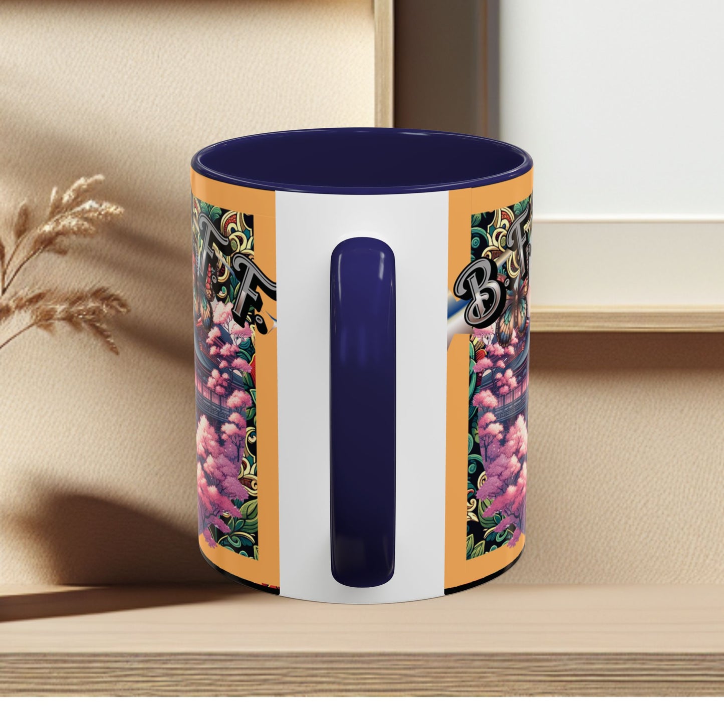 Mug - 3 B F F kittens and Butterflies Coffee Mug with Cherry Blossoms