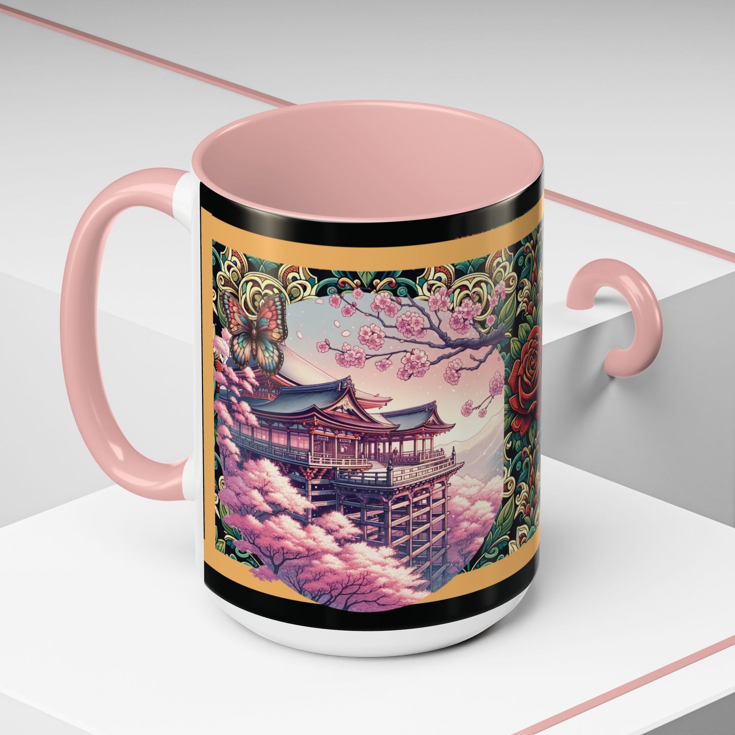 Mug - Sakura Butterfly Coffee Mug with Cherry Blossoms and a Rose