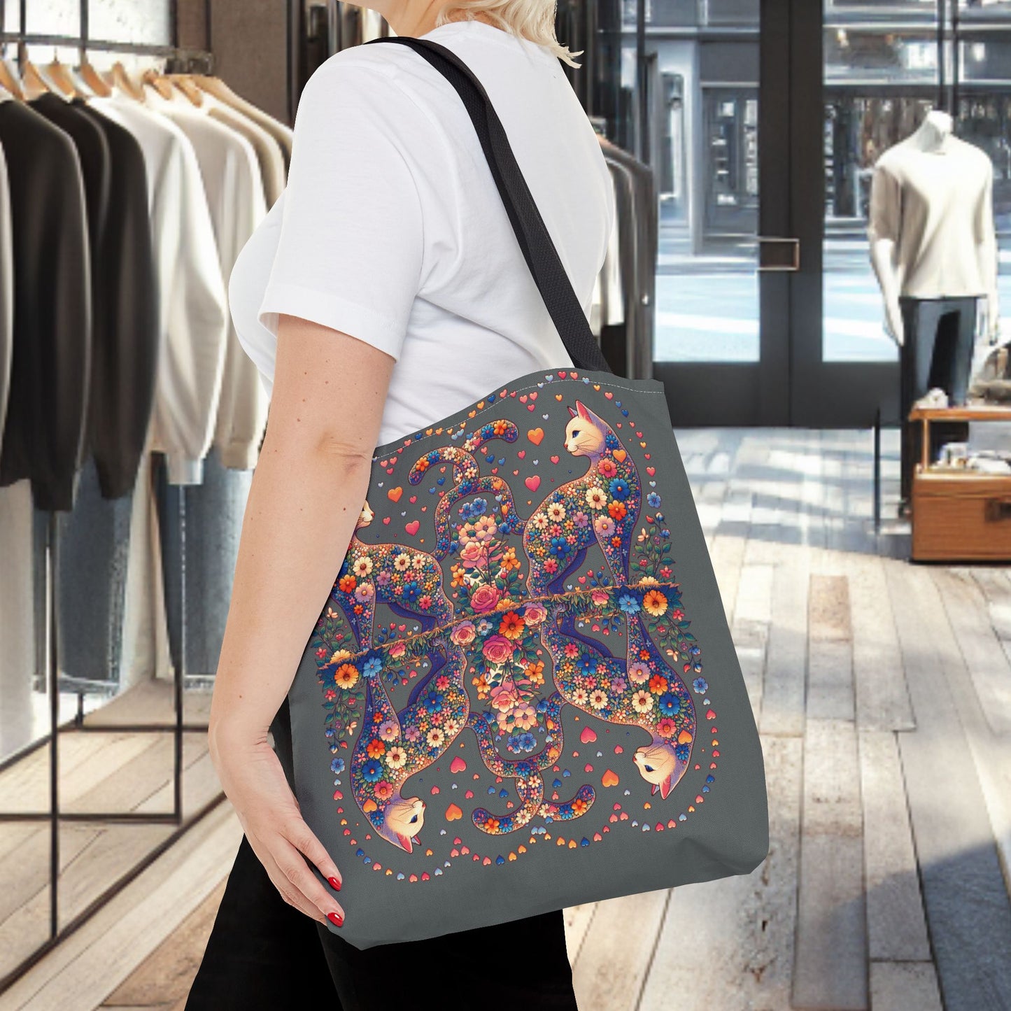 Mosaic Loving Cat Dark Gray Tote Bag (AOP)