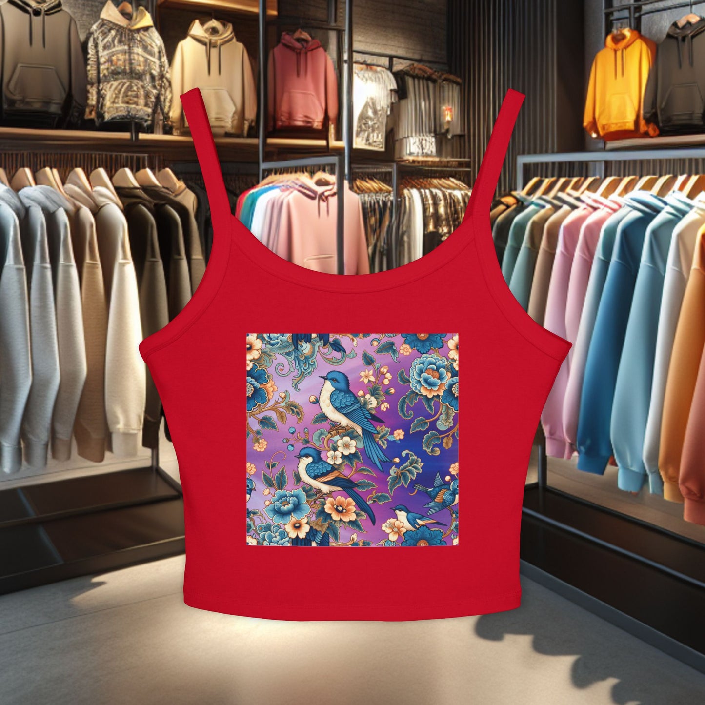 Tank Top Blue Birds in a Flower Garden Women's Spaghetti Strap