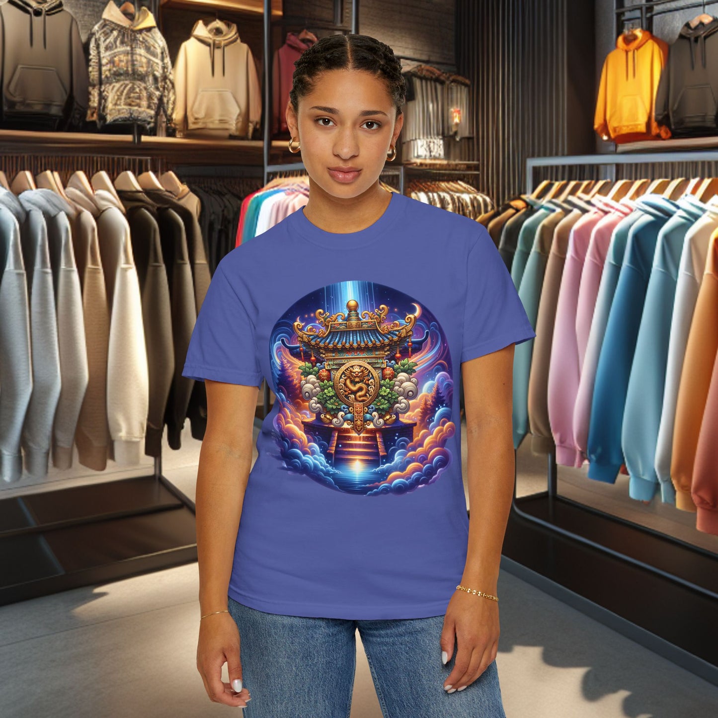 A Vibrant Mistic Temple Design -Unisex Garment-Dyed T-Shirt Perfect for Festivals & Everyday Wear
