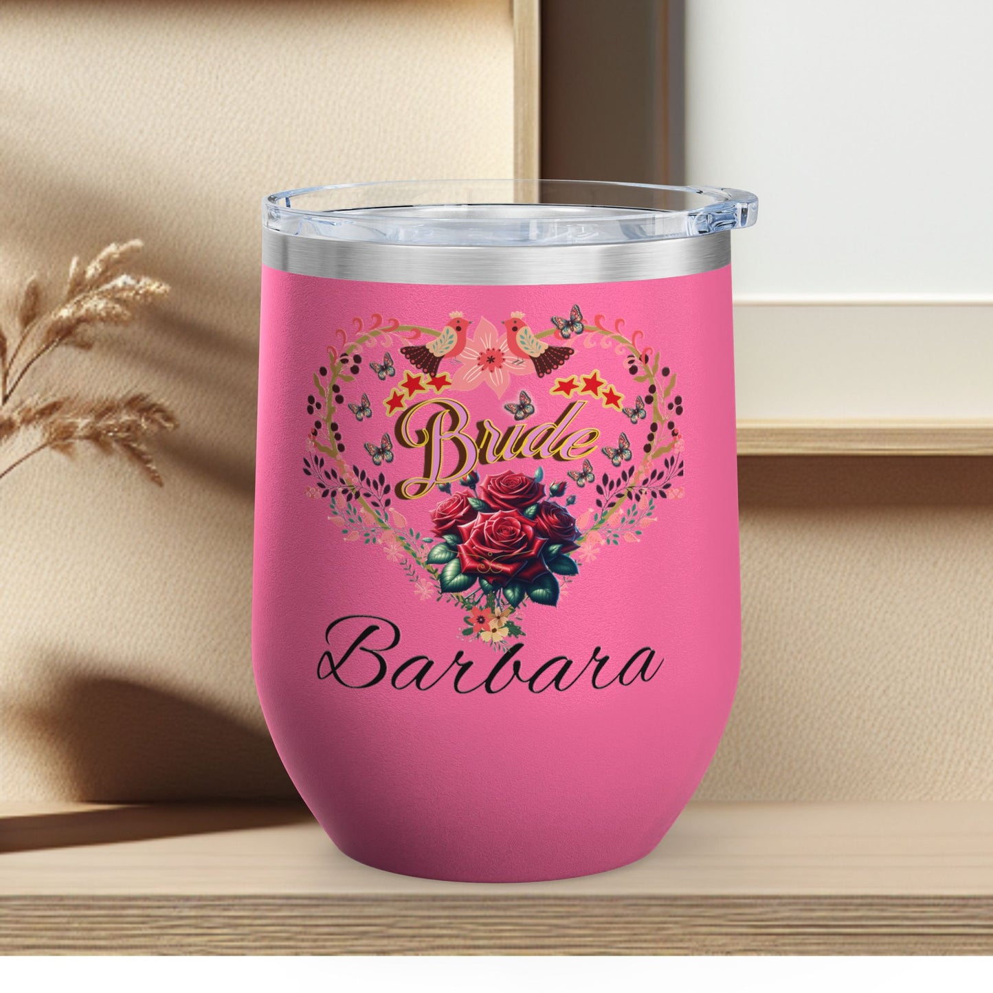 Personalized Bride's Heart Floral Wine 12oz Tumbler