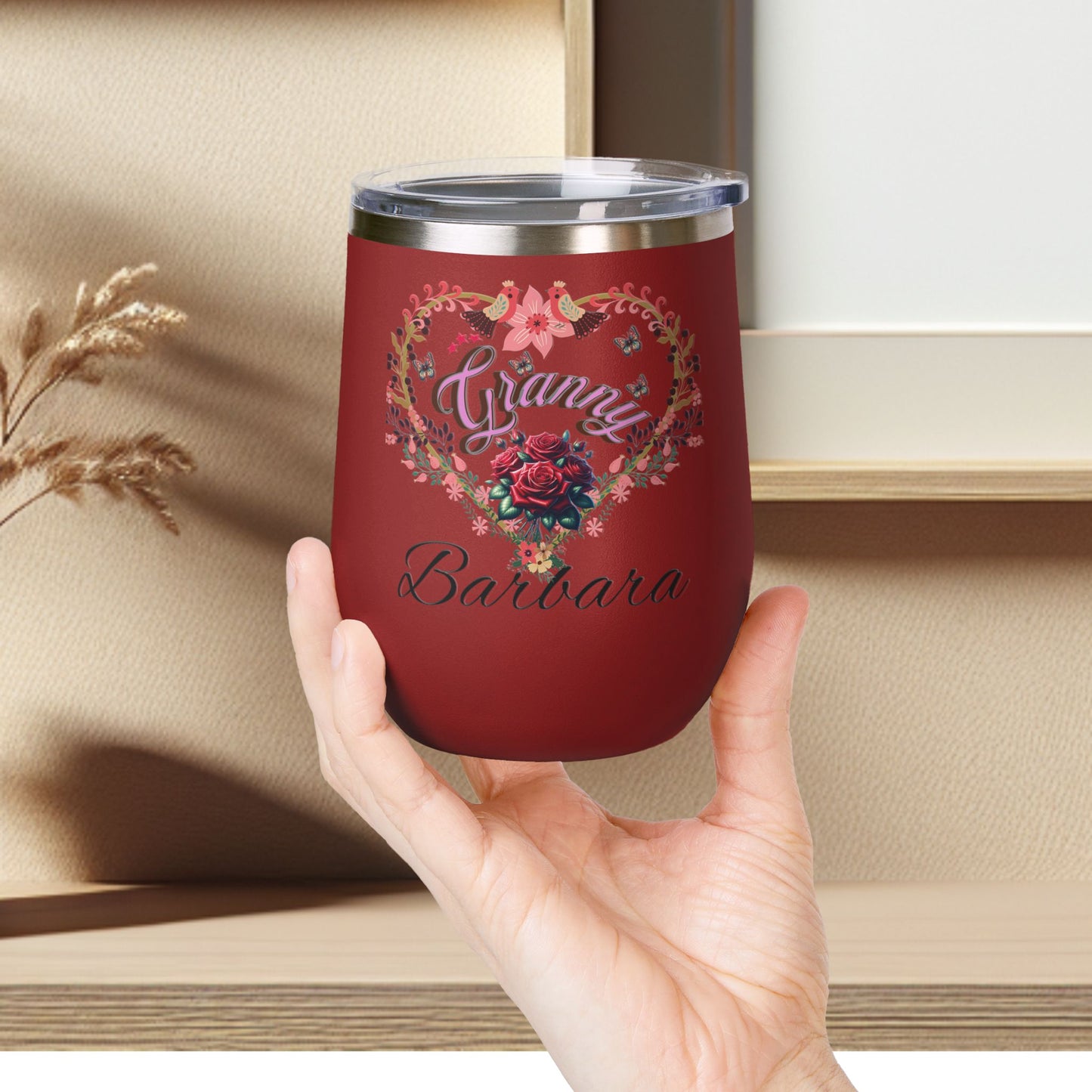 Personalized Grannie’s Wine Tumbler - 12oz Floral Heart Design
