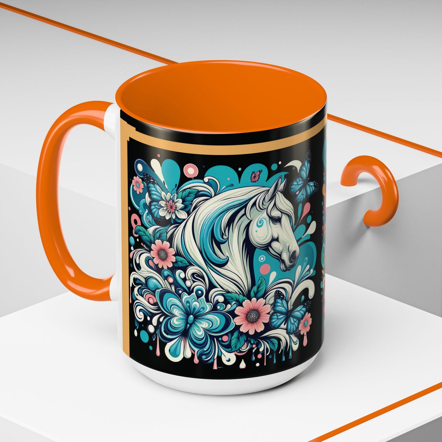 Coffee Mug White Horses with Blue Highlights in Flowers - Mug