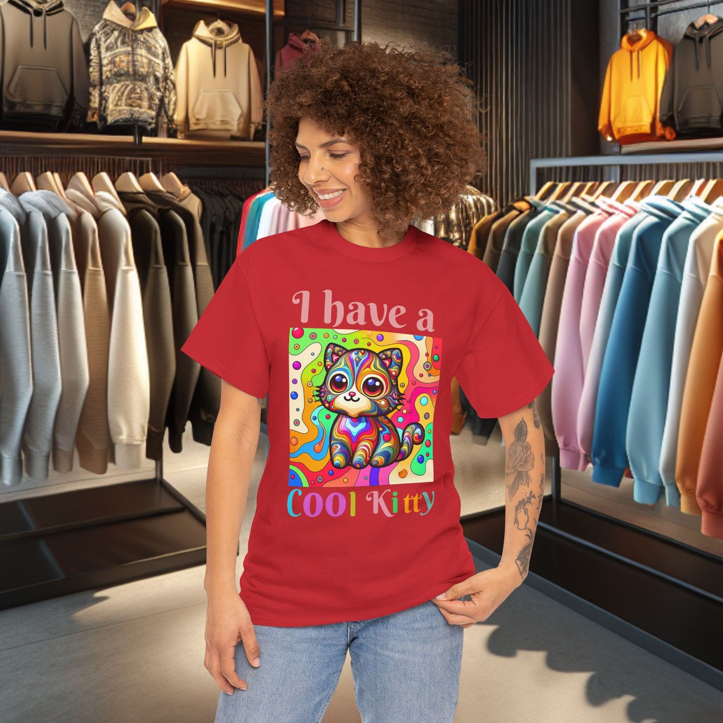 Cool Kitty Heavy Cotton Tee | Cat Lover Gift | Colorful Fun Shirt | Cute Animal Apparel | Perfect for Birthdays & Pet Lovers