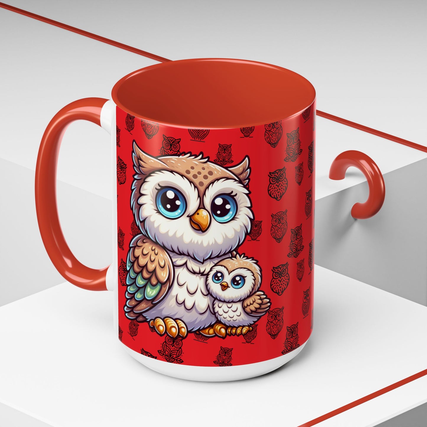 Red Coffee Mug - Owl Family - Colorful Inspirational Owl Design