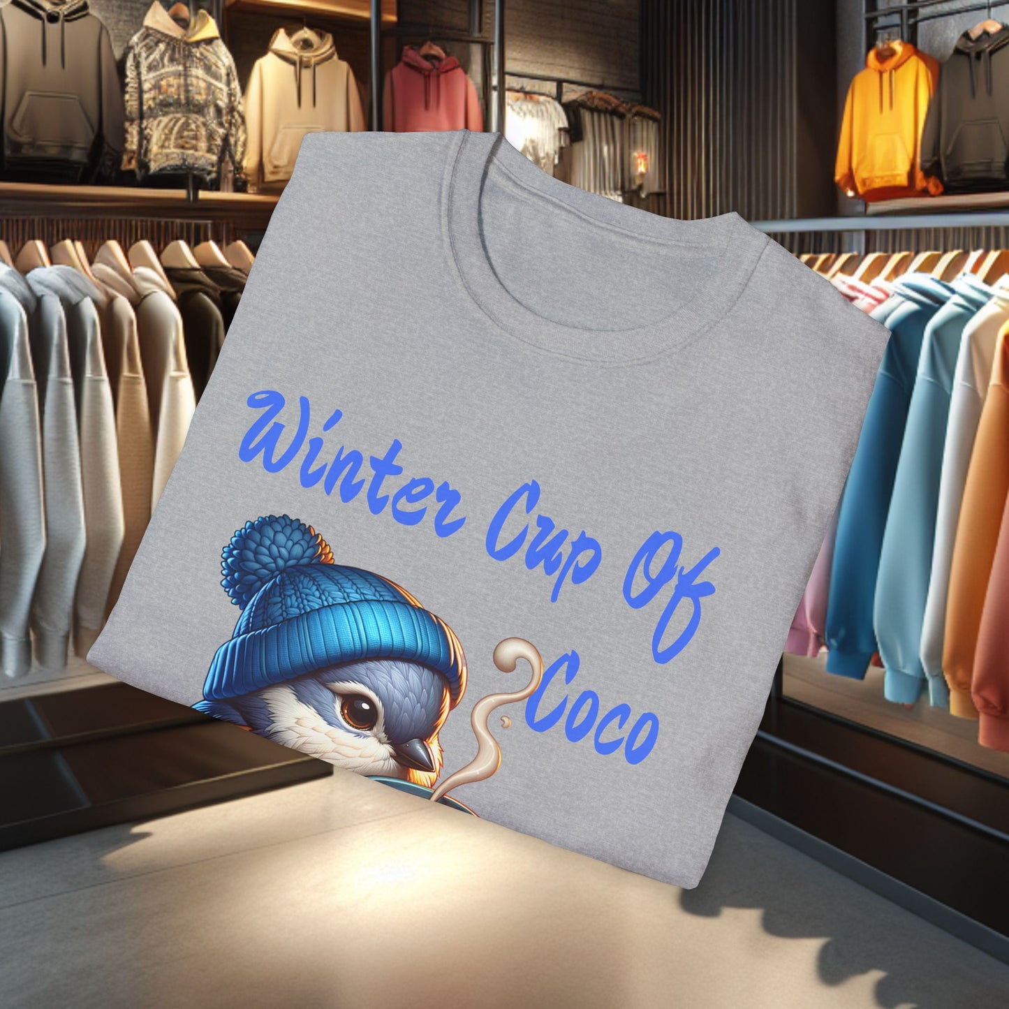Blue Bird With a Cup Of Coco Unisex T-Shirt - Winter Coco