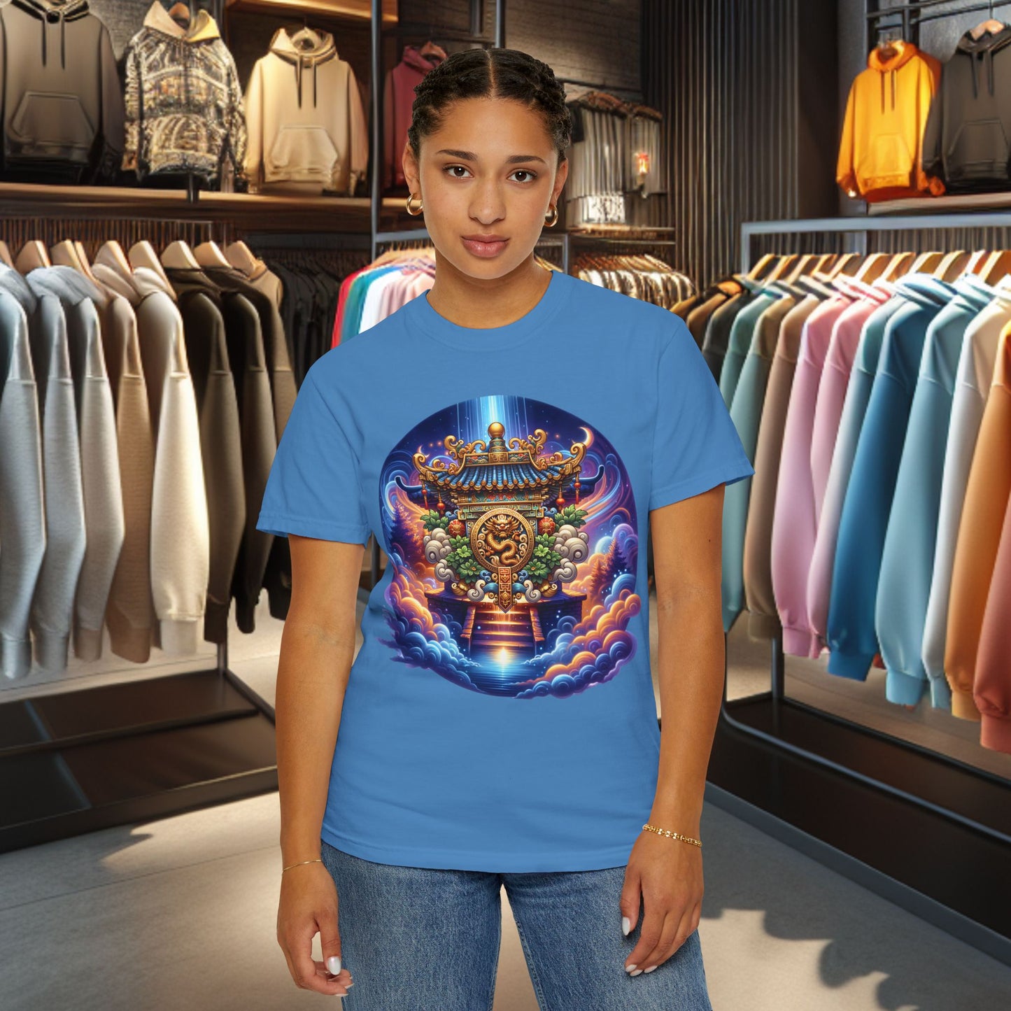 A Vibrant Mistic Temple Design -Unisex Garment-Dyed T-Shirt Perfect for Festivals & Everyday Wear