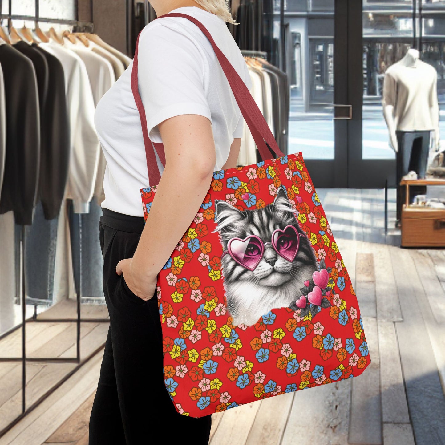 Kitty Ride Tote Bag with Flowered Red Design