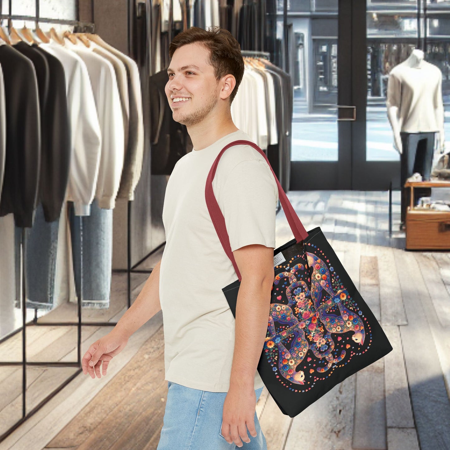 Mosaic Loving Cat Black Tote Bag (AOP)
