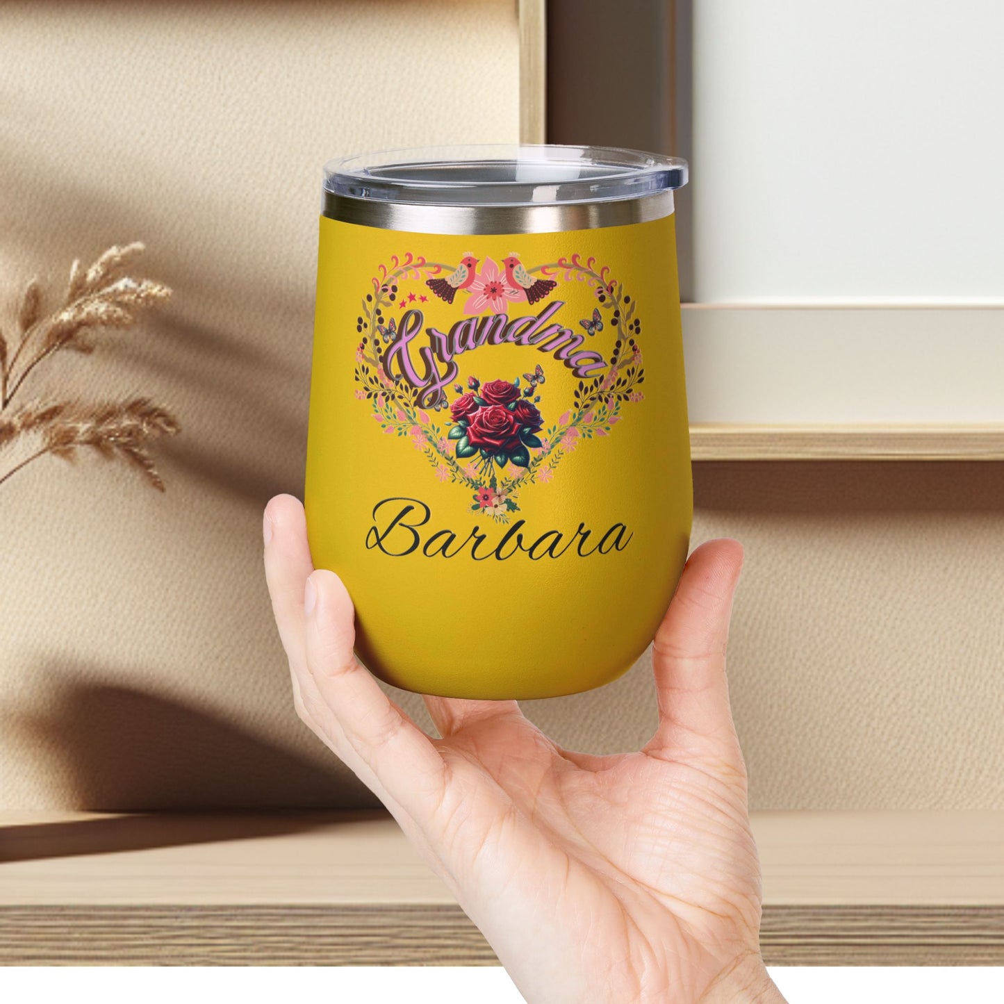 Personalized Grandma’s Wine Tumbler - 12oz Floral Heart Design