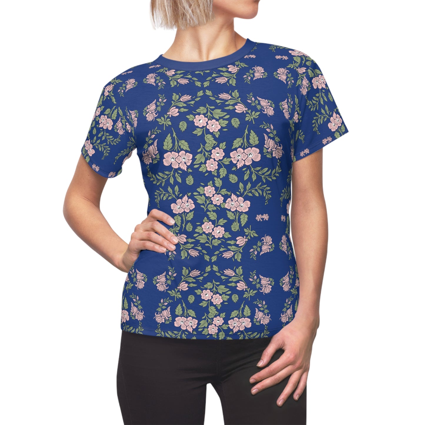 Women's Tee - Blue with a pink floral print