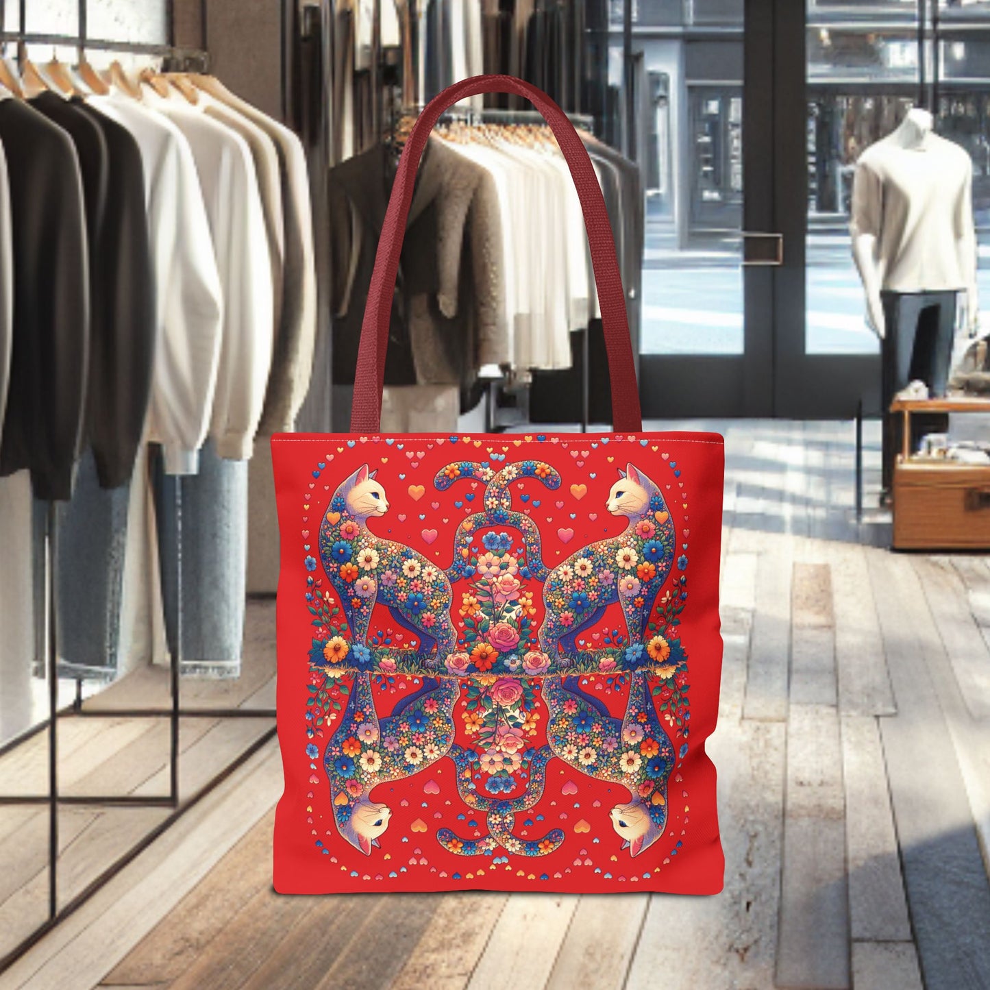 Mosaic Loving Cat Dark Red Tote Bag