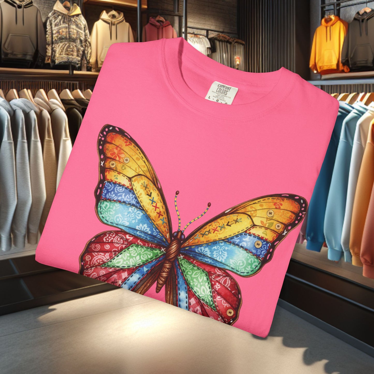 Bright Colorful Patchwork Butterfly T-Shirt — pho Patchwork Garment-Dyed Top
