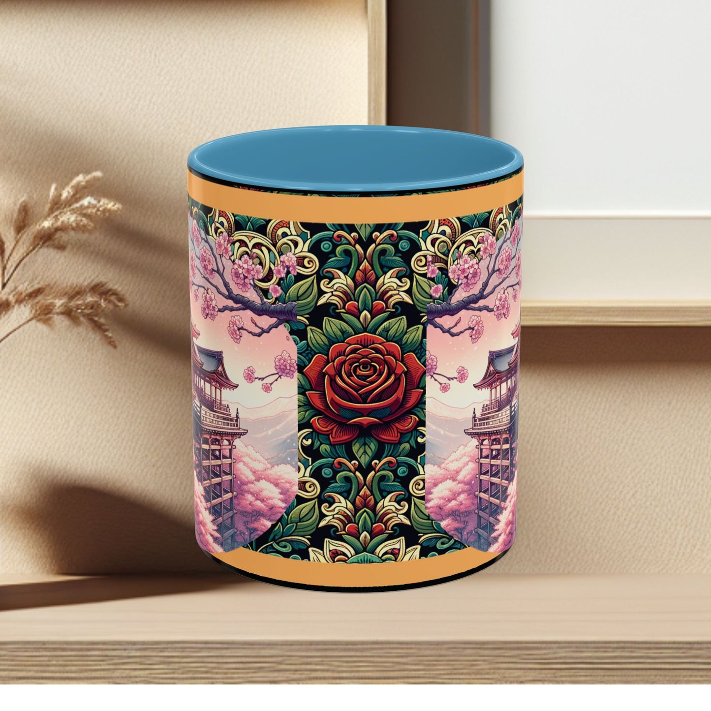 Mug - Sakura Butterfly Coffee Mug with Cherry Blossoms and a Rose