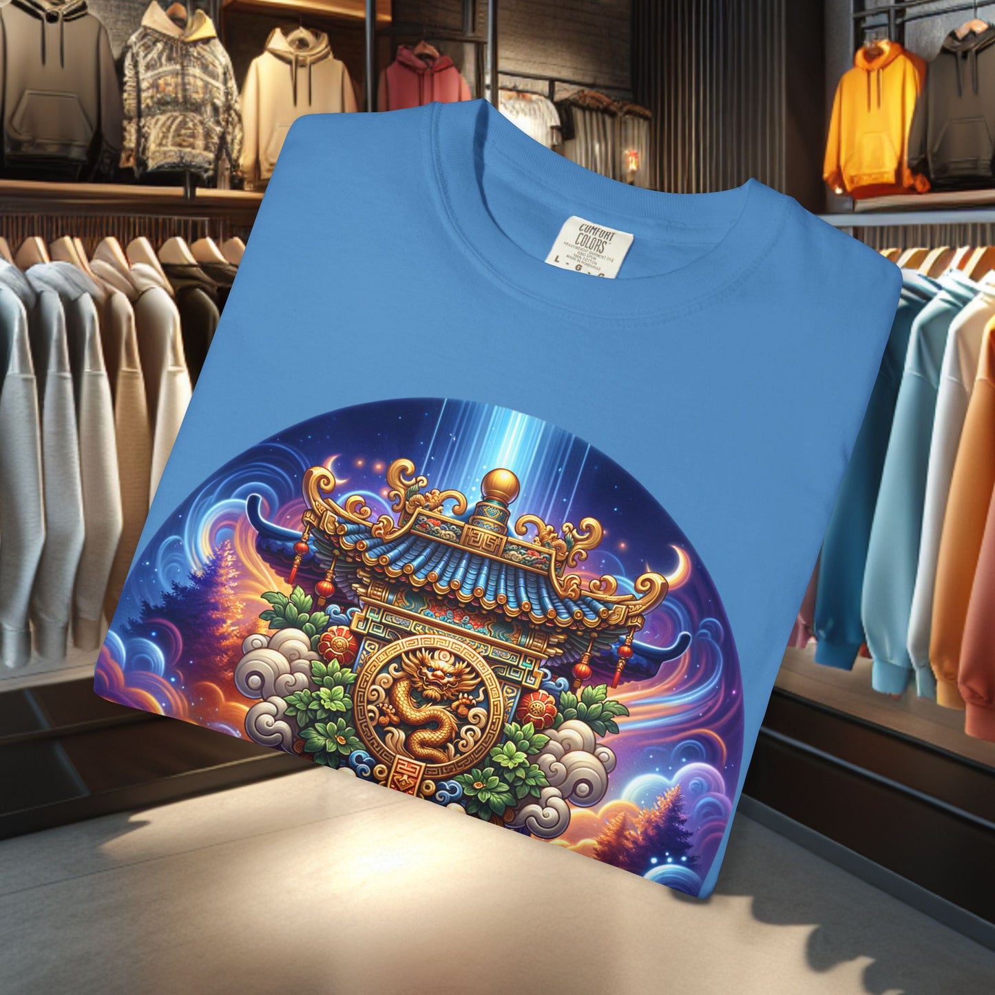 A Vibrant Mistic Temple Design -Unisex Garment-Dyed T-Shirt Perfect for Festivals & Everyday Wear