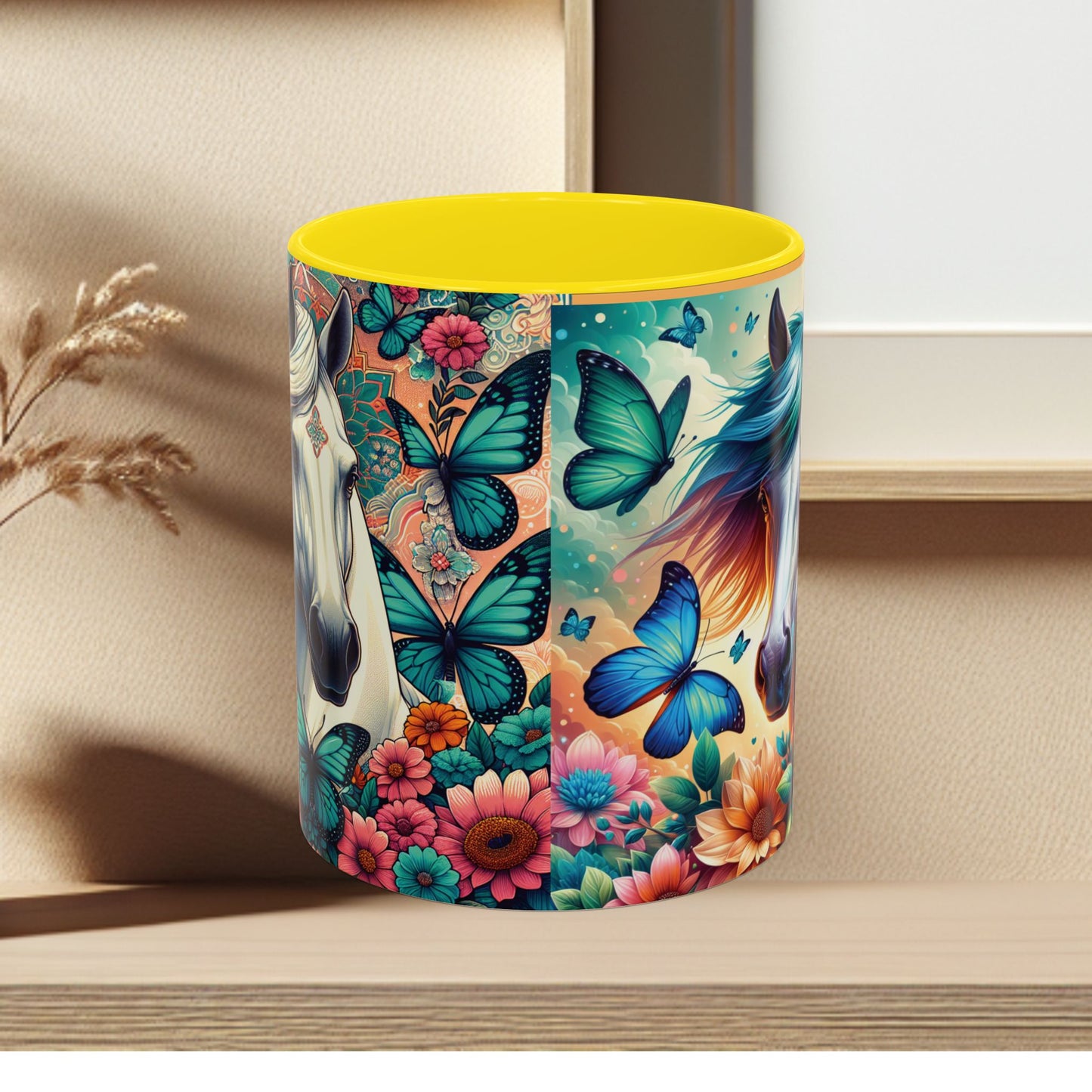 Coffee Mug Horses, Flowers, and Butterflies Mug