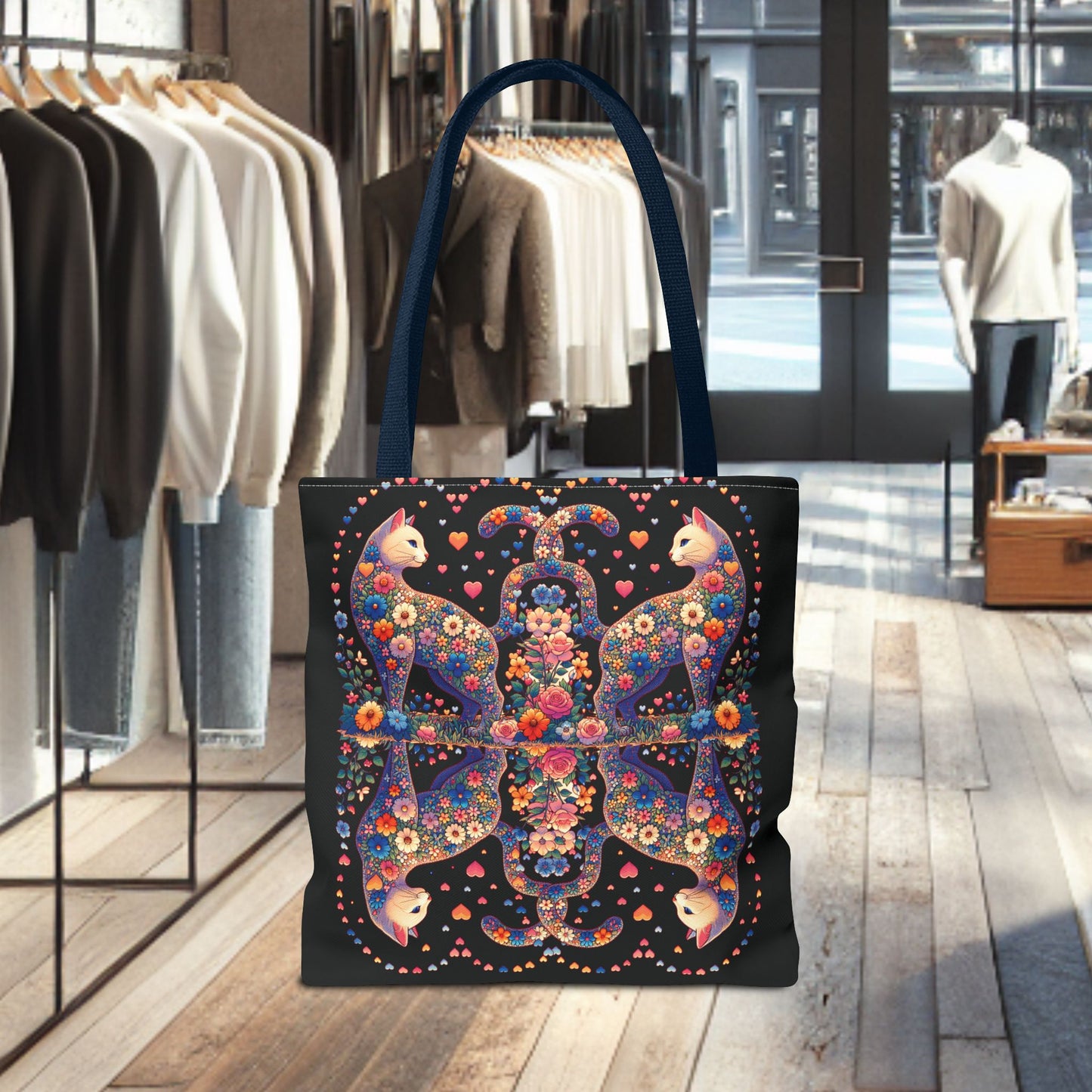 Mosaic Loving Cat Black Tote Bag (AOP)