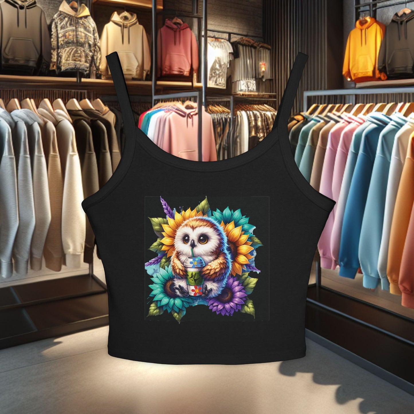Owl With a Water Bottle Floral Tank Top - Women's Spaghetti Strap