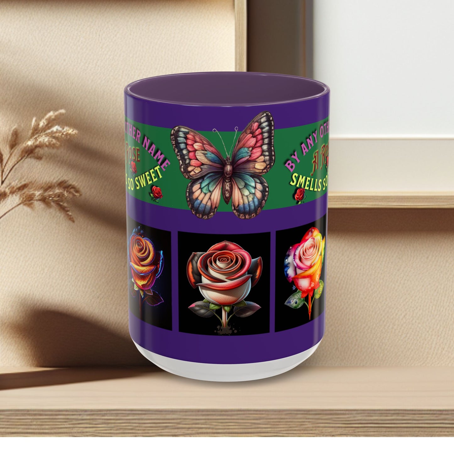 Purple Mug - Floral Butterfly Accent Coffee Mug - 'By Any Other Name A Rose Smells So Sweet'