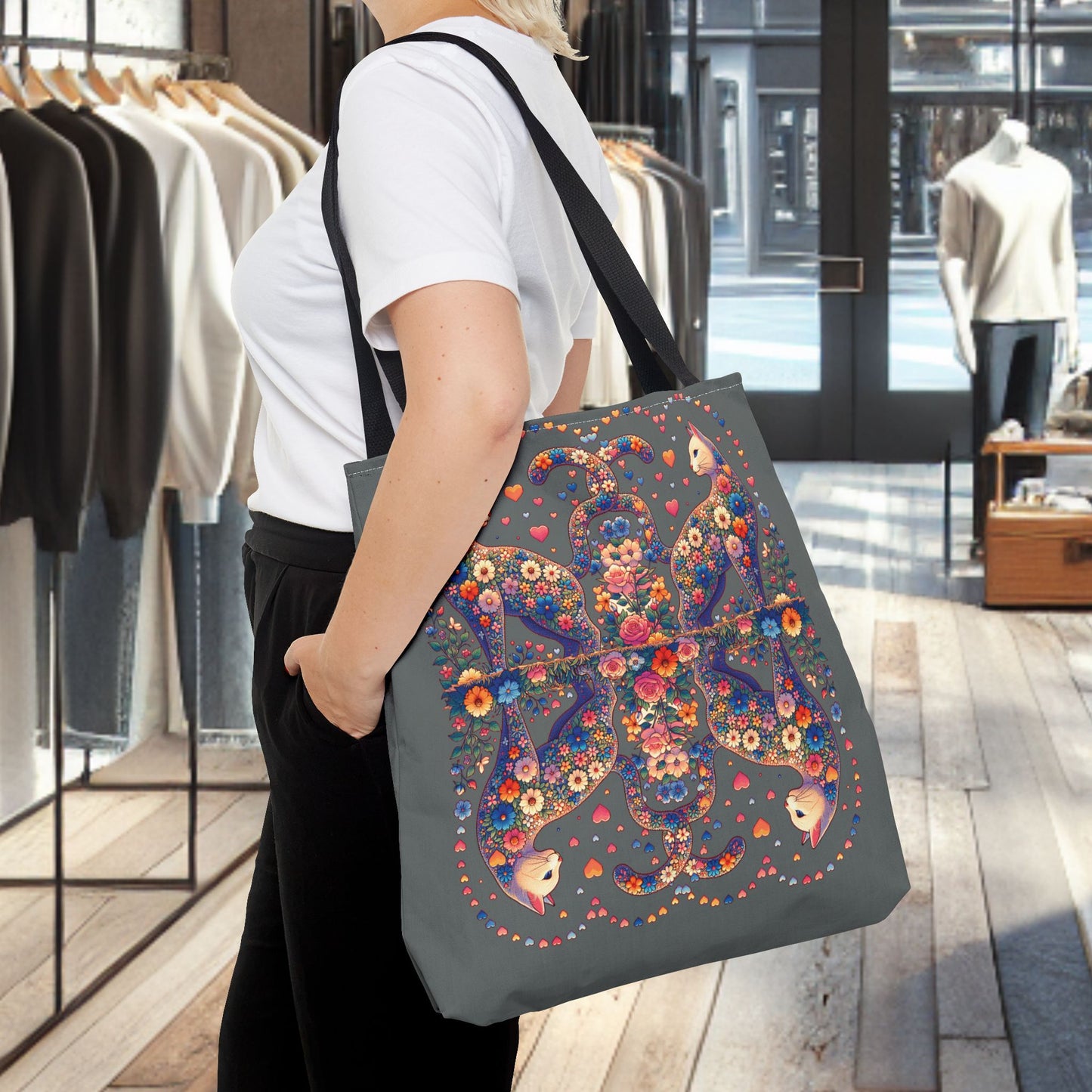 Mosaic Loving Cat Dark Gray Tote Bag (AOP)