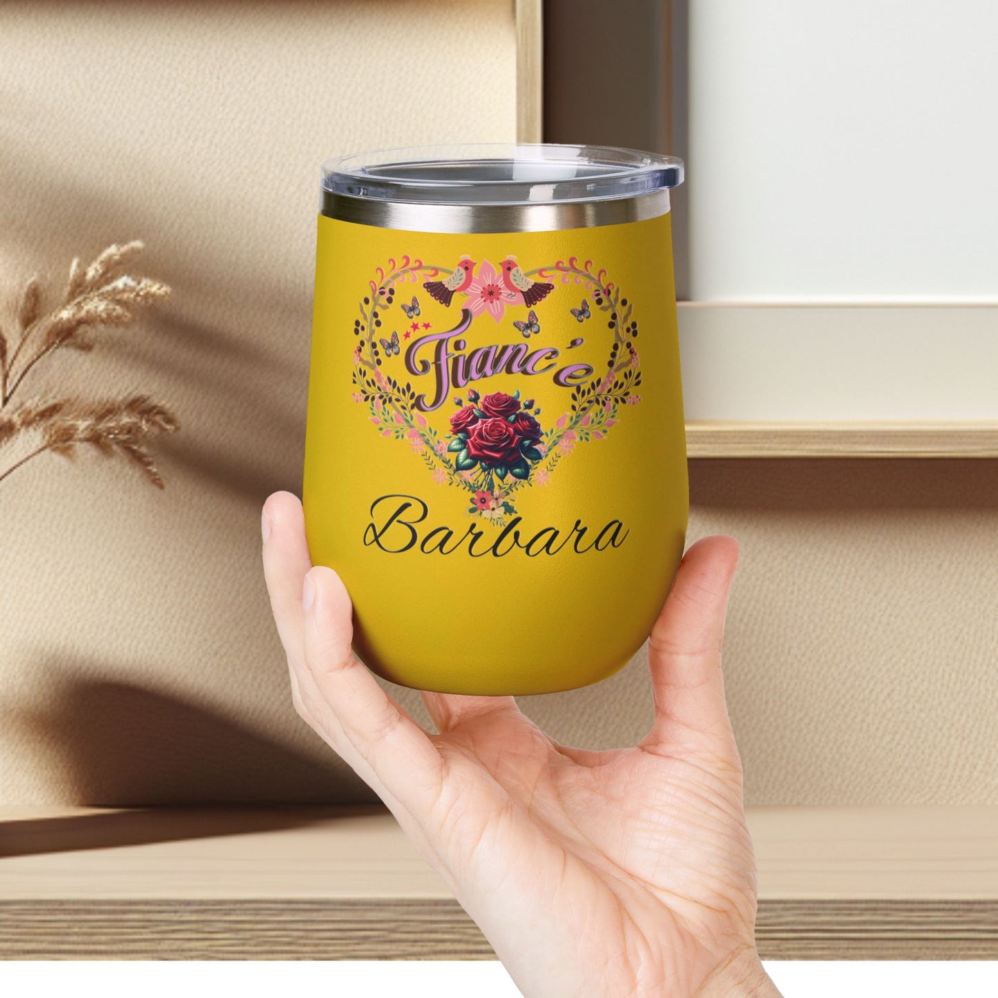 Personalized Fiancé’s Wine Tumbler - 12oz Floral Heart Design