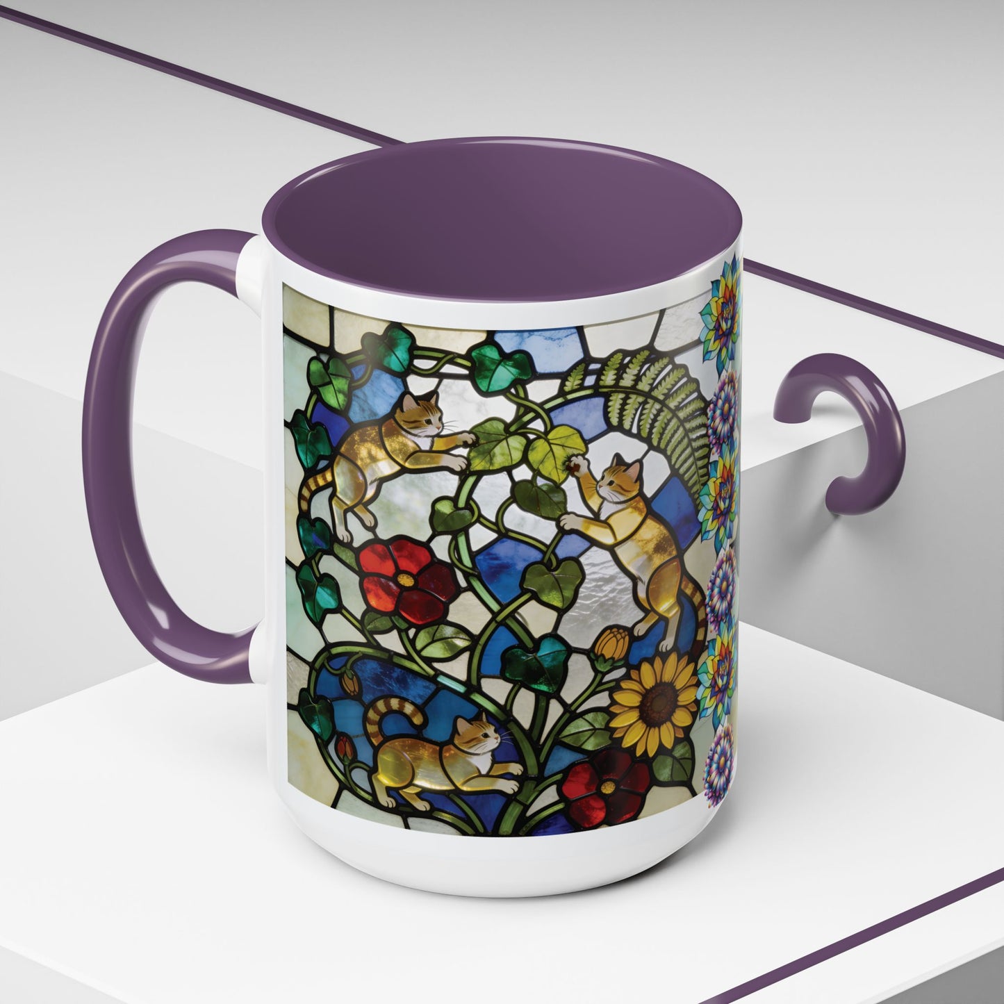 Stained Glass Cats Accent Coffee Mug – Floral Tiffany-Style 11/15oz