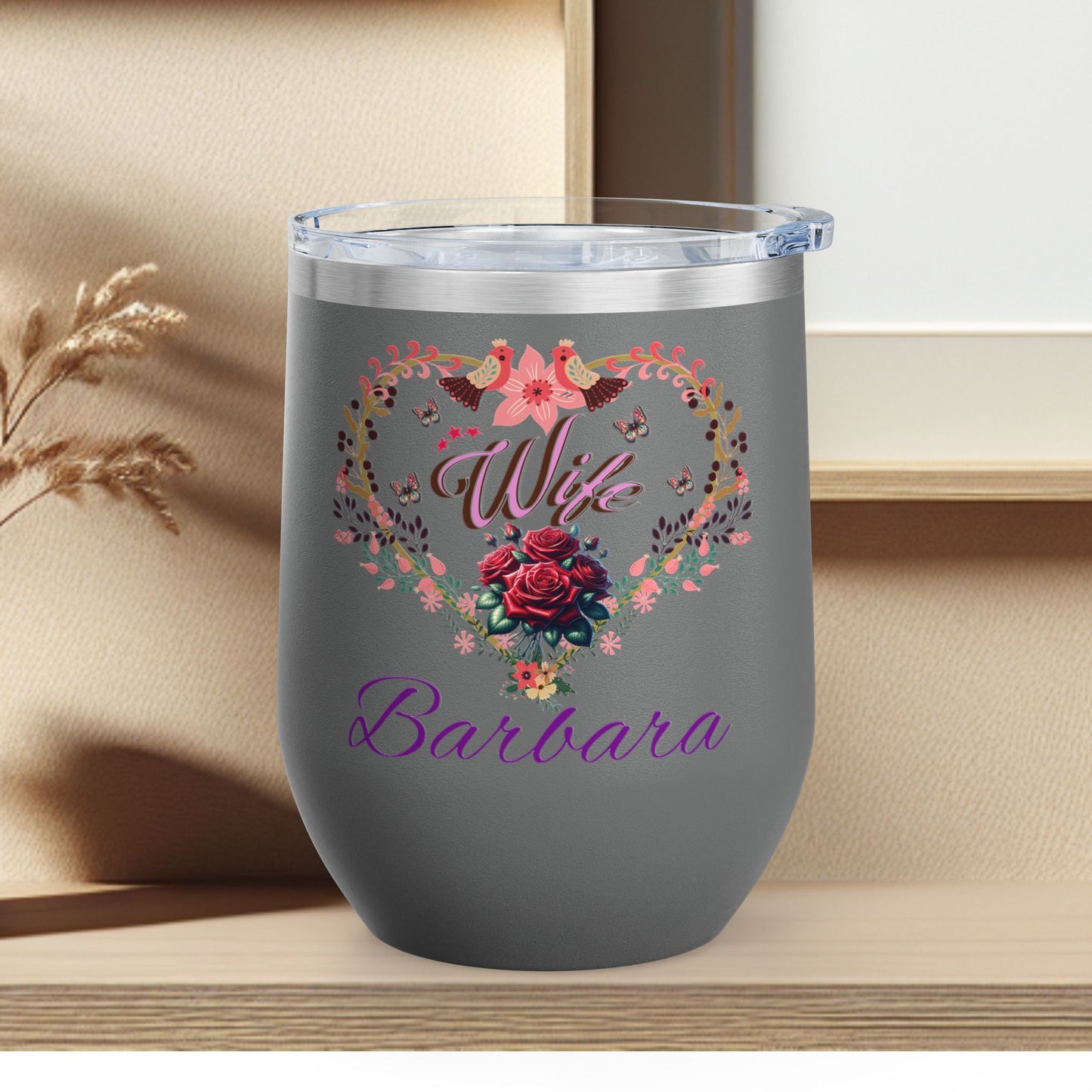 Personalized Wife’s Wine Tumbler - 12oz Floral Heart Design