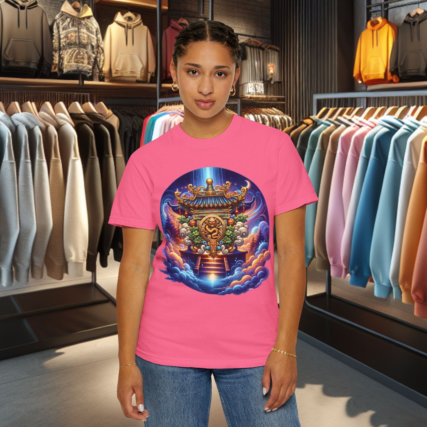 A Vibrant Mistic Temple Design -Unisex Garment-Dyed T-Shirt Perfect for Festivals & Everyday Wear