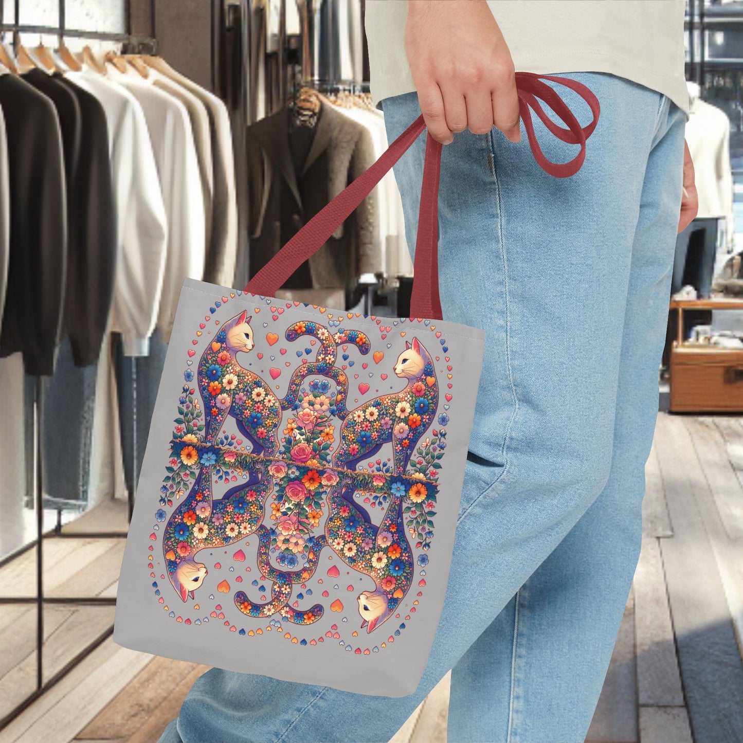 Mosaic Loving Cat Light Gray Tote Bag (AOP)