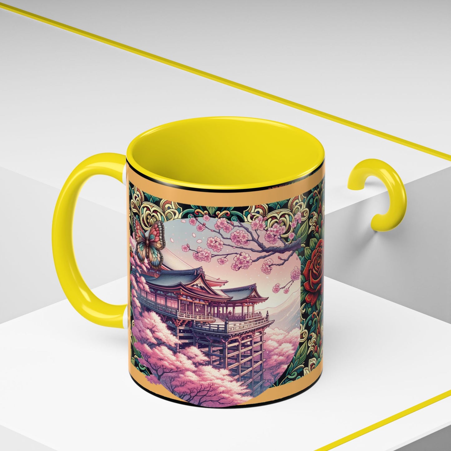 Mug - Sakura Butterfly Coffee Mug with Cherry Blossoms and a Rose