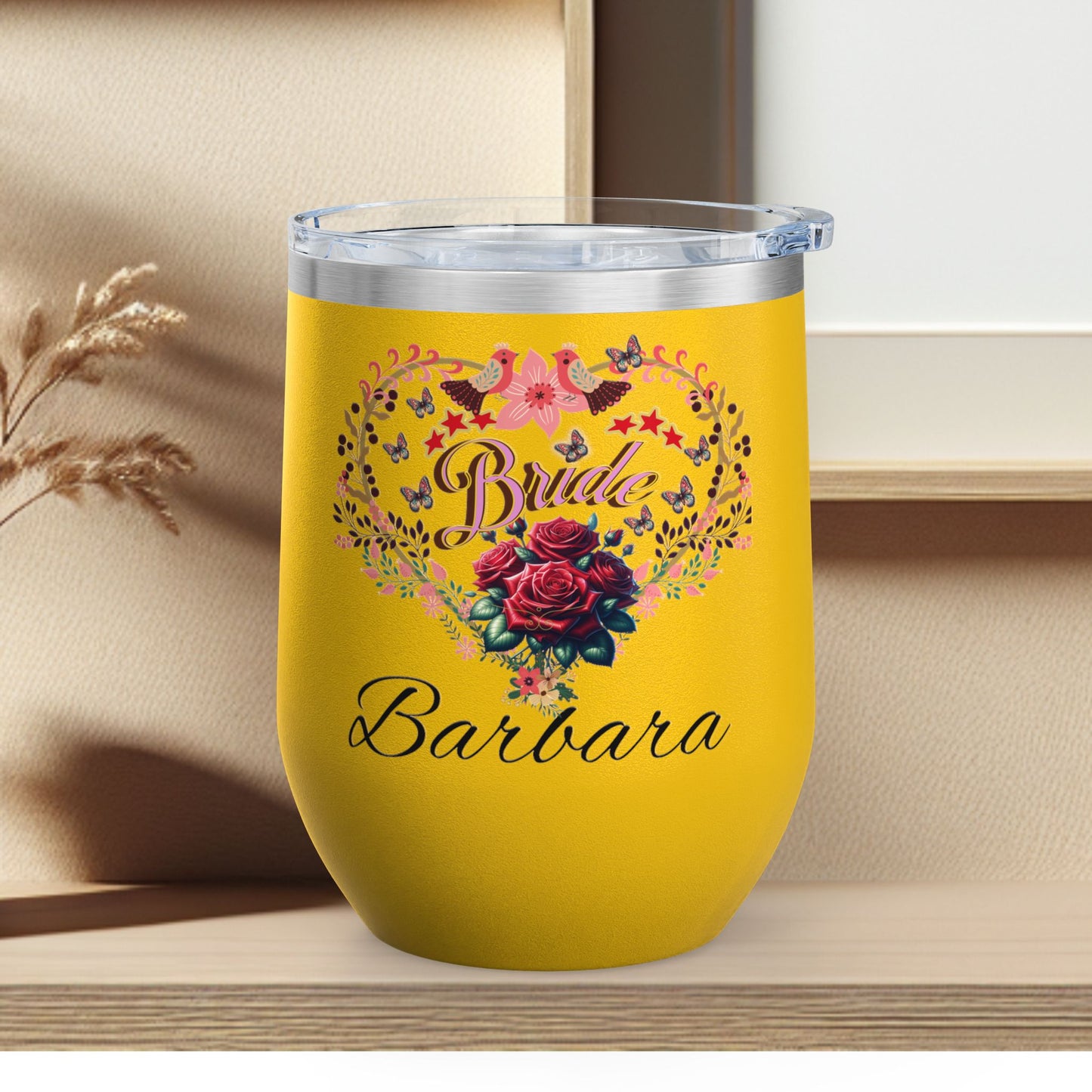 Personalized Bride's Heart Floral Wine 12oz Tumbler