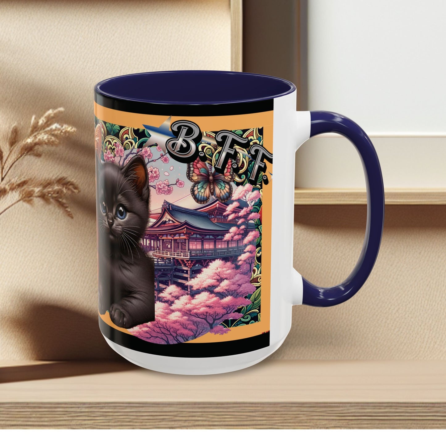 Mug - 3 B F F kittens and Butterflies Coffee Mug with Cherry Blossoms