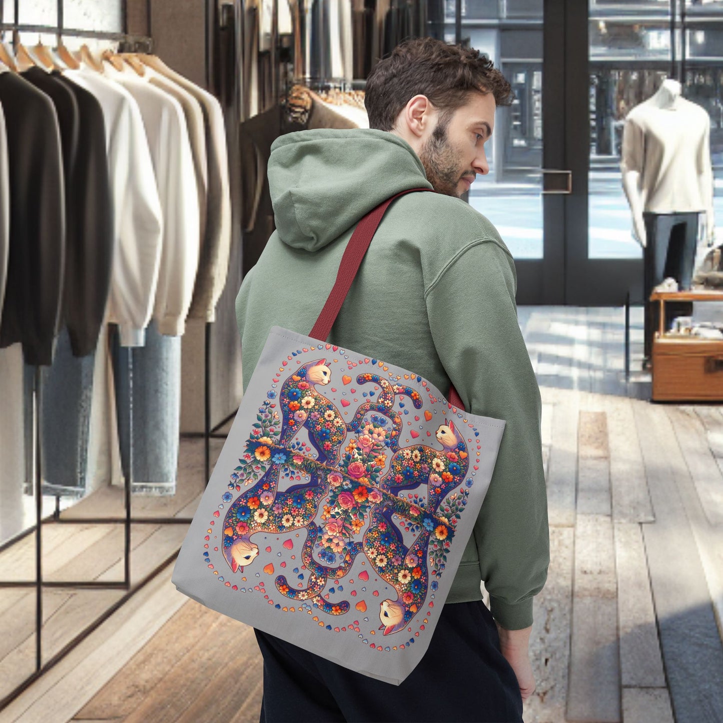 Mosaic Loving Cat Light Gray Tote Bag (AOP)